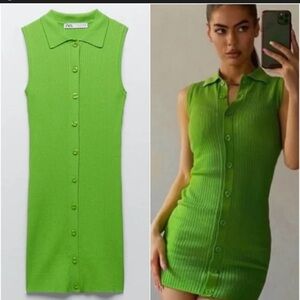Zara Sleeveless Button-Front Mini Dress in Bright Lime Green